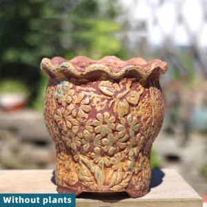 Brown Floral Butterfly Ruffled Planter