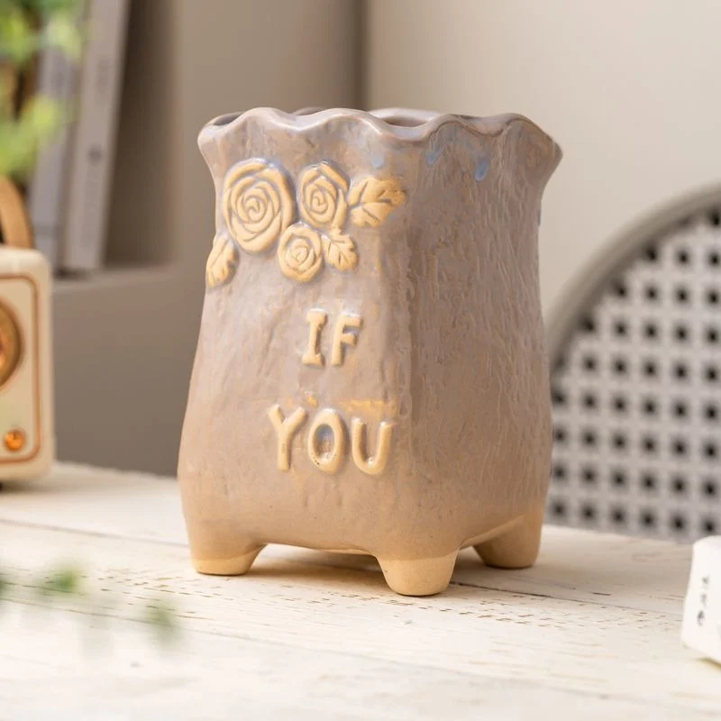 Grey square ceramic planter with embossed roses and IF YOU quote