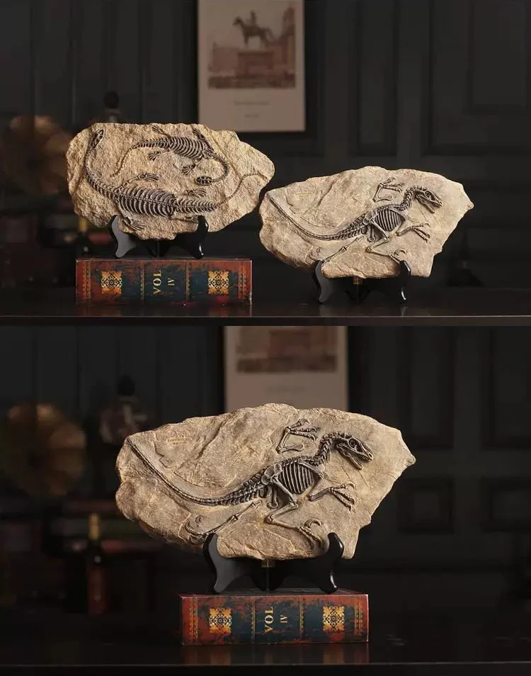 Vintage Resin Dinosaur Fossil Statue Decor Two different dinosaur fossil statues displayed on a shelf