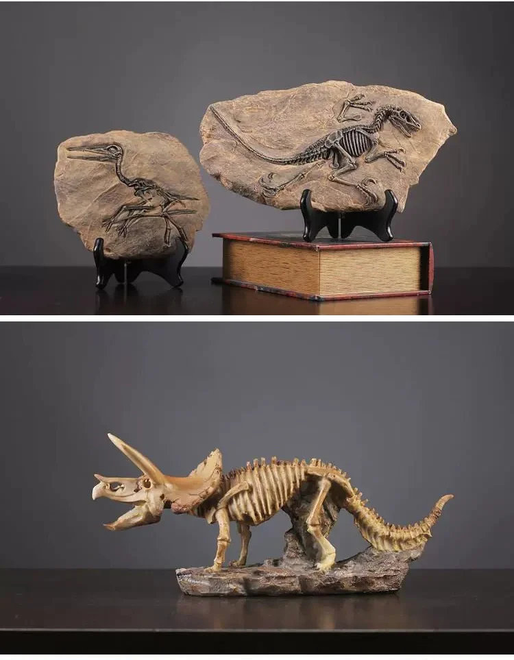 Vintage Resin Dinosaur Fossil Statue Decor Two dinosaur fossil statues and a triceratops skeleton model