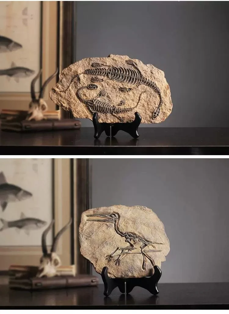 Vintage Resin Dinosaur Fossil Statue Decor Two different dinosaur fossil statues displayed on stands