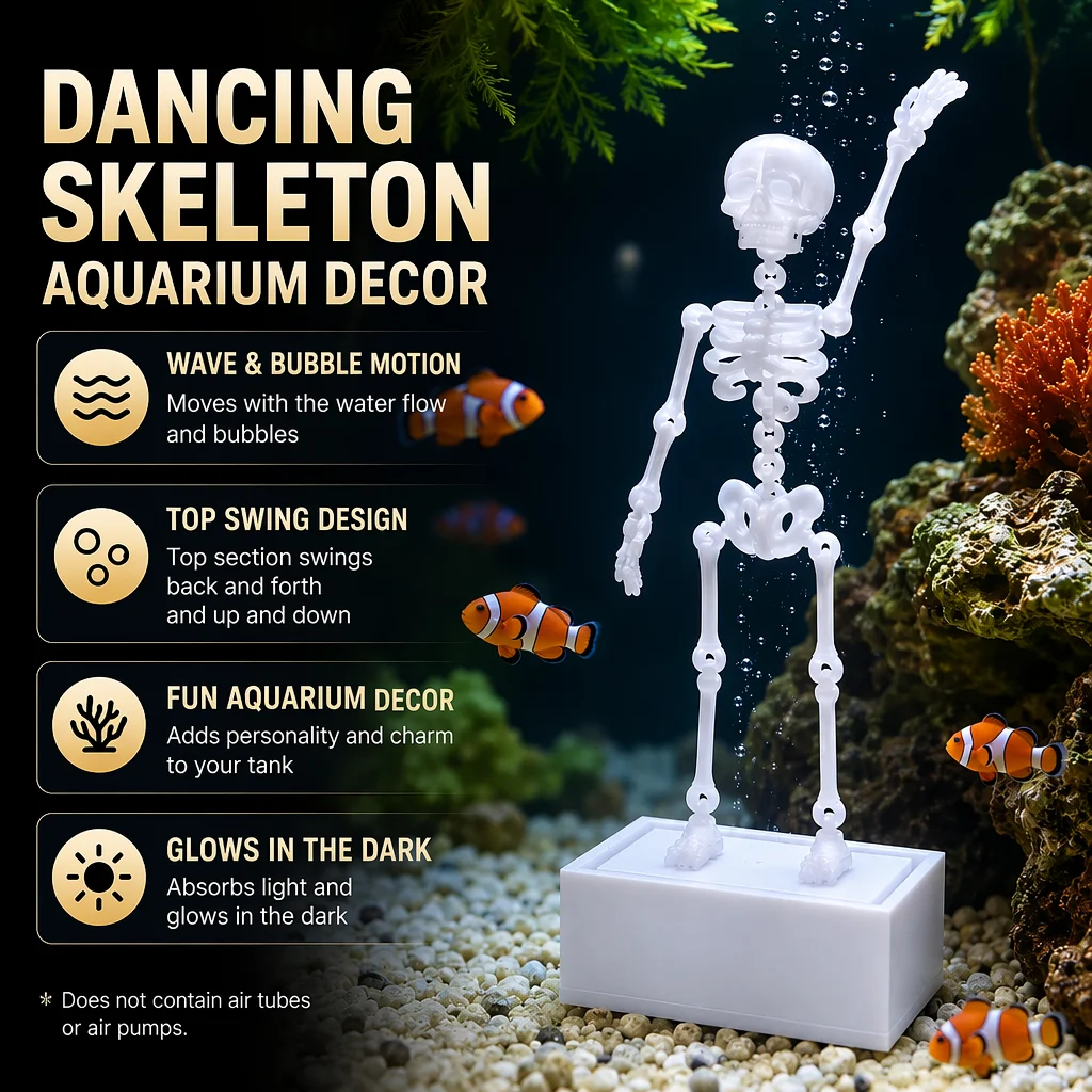 Dancing skeleton fish tank decor surrounded by bubbles and clownfish