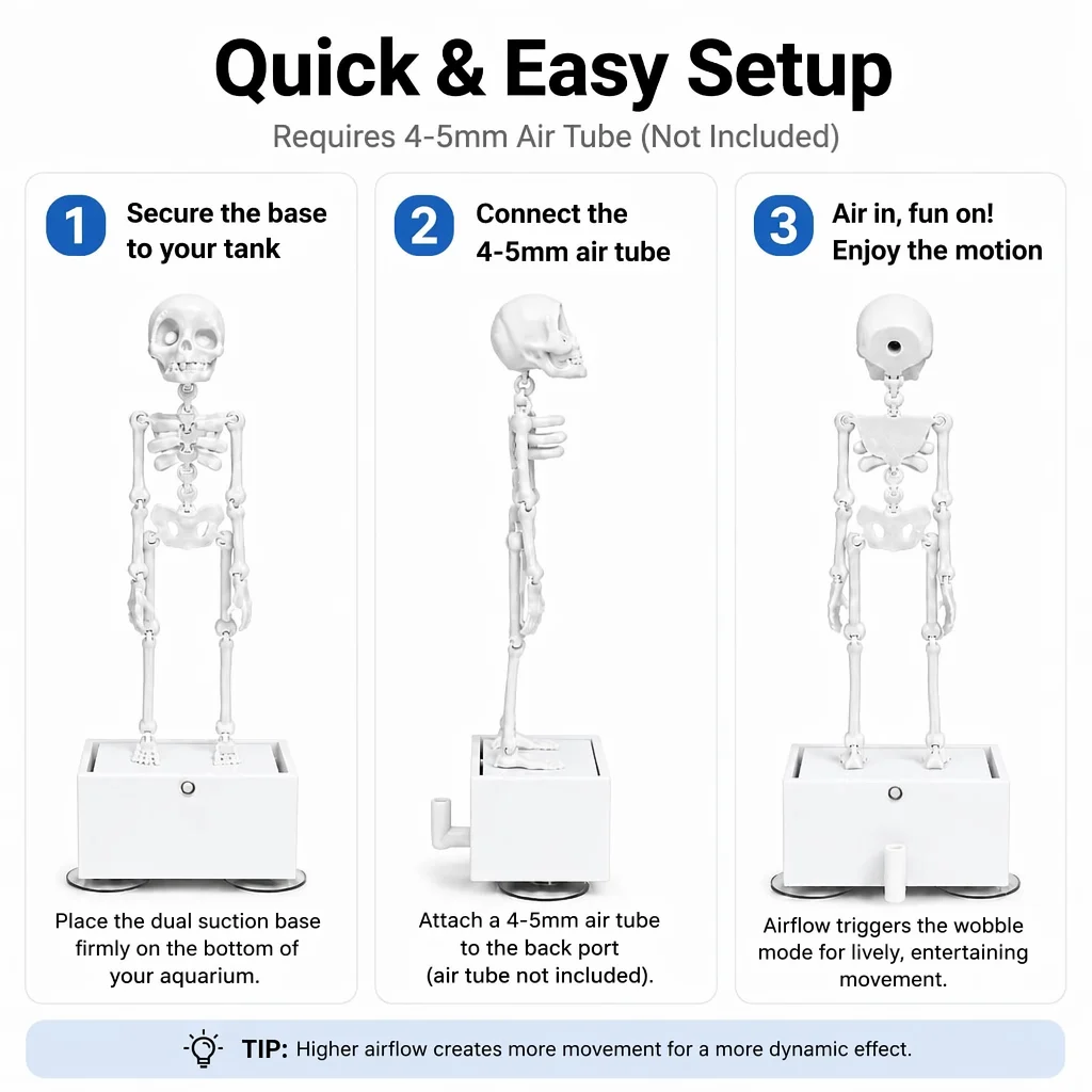 Installation steps for the air-powered skeleton fish tank ornament
