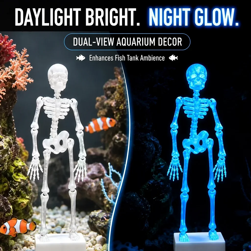 Glow in the dark skeleton aquarium ornament emitting blue light at night