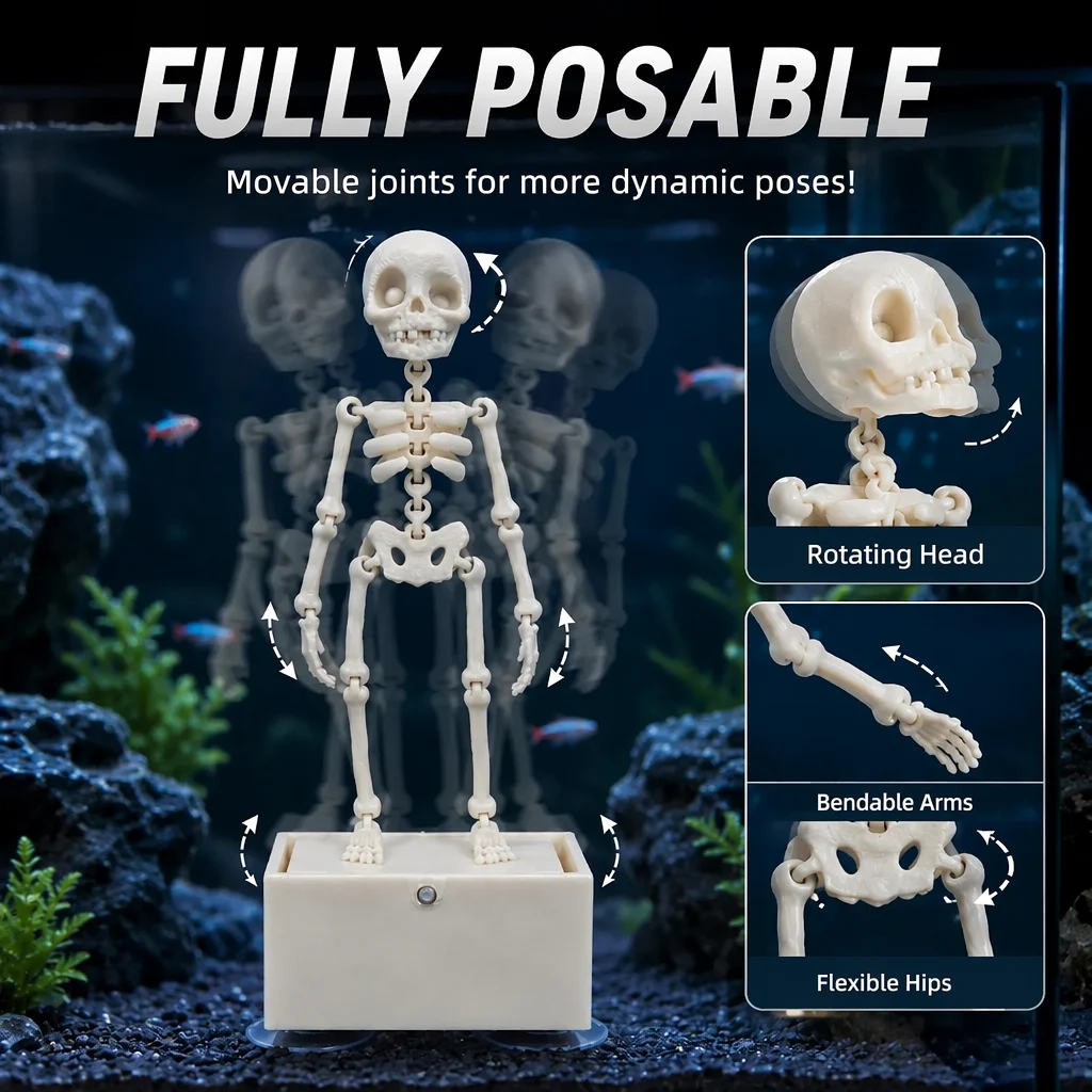 Flexible skeleton aquarium decor showing movable joints and dynamic poses