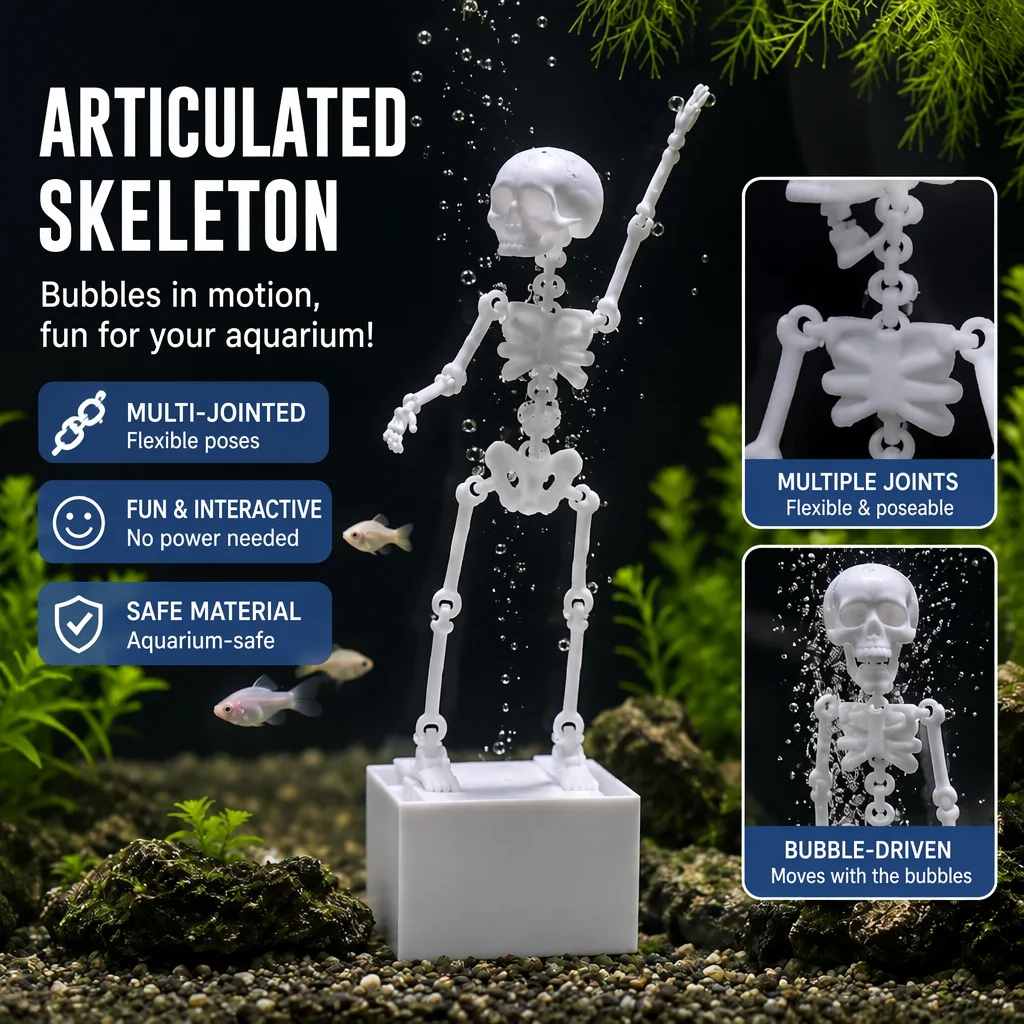 Bubble-driven skeleton fish tank decor with multiple flexible joints