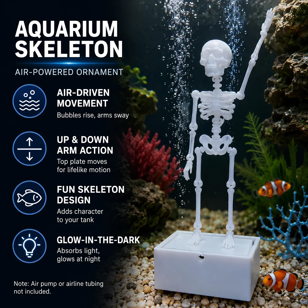 Air-powered skeleton aquarium ornament with up and down arm action