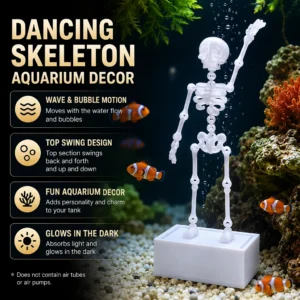 Air-driven dancing skeleton aquarium decor with bubbles in a fish tank