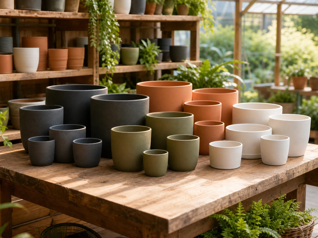 Coordinated ceramic planters arranged for business supply in a sunlit greenhouse