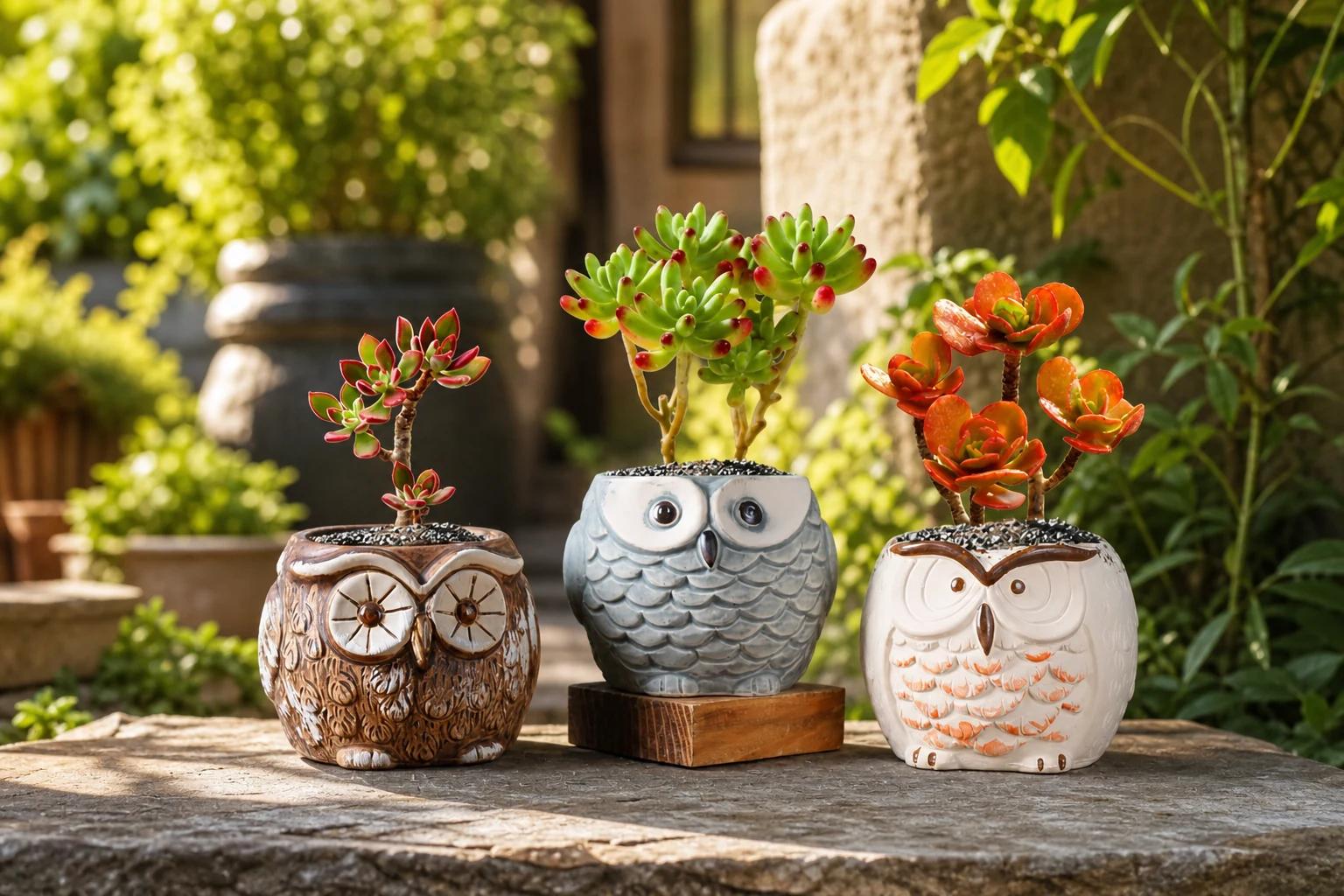 Owl succulent planters displayed on a sunlit garden terrace