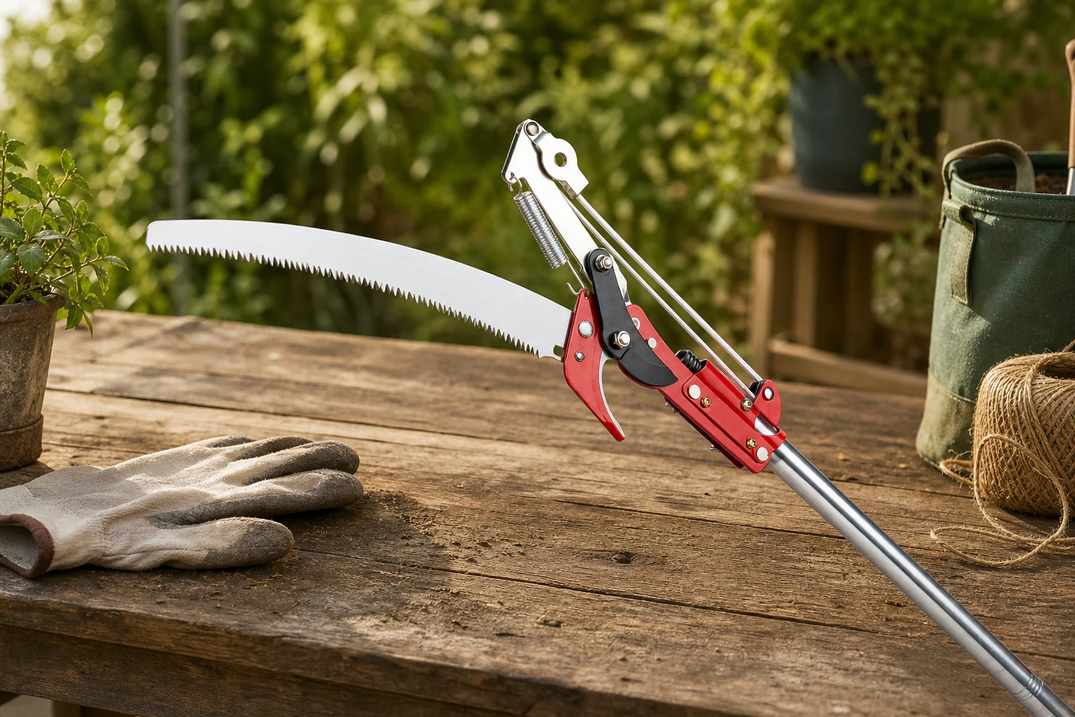 Long-handled pruning saw and pruner on a garden workbench