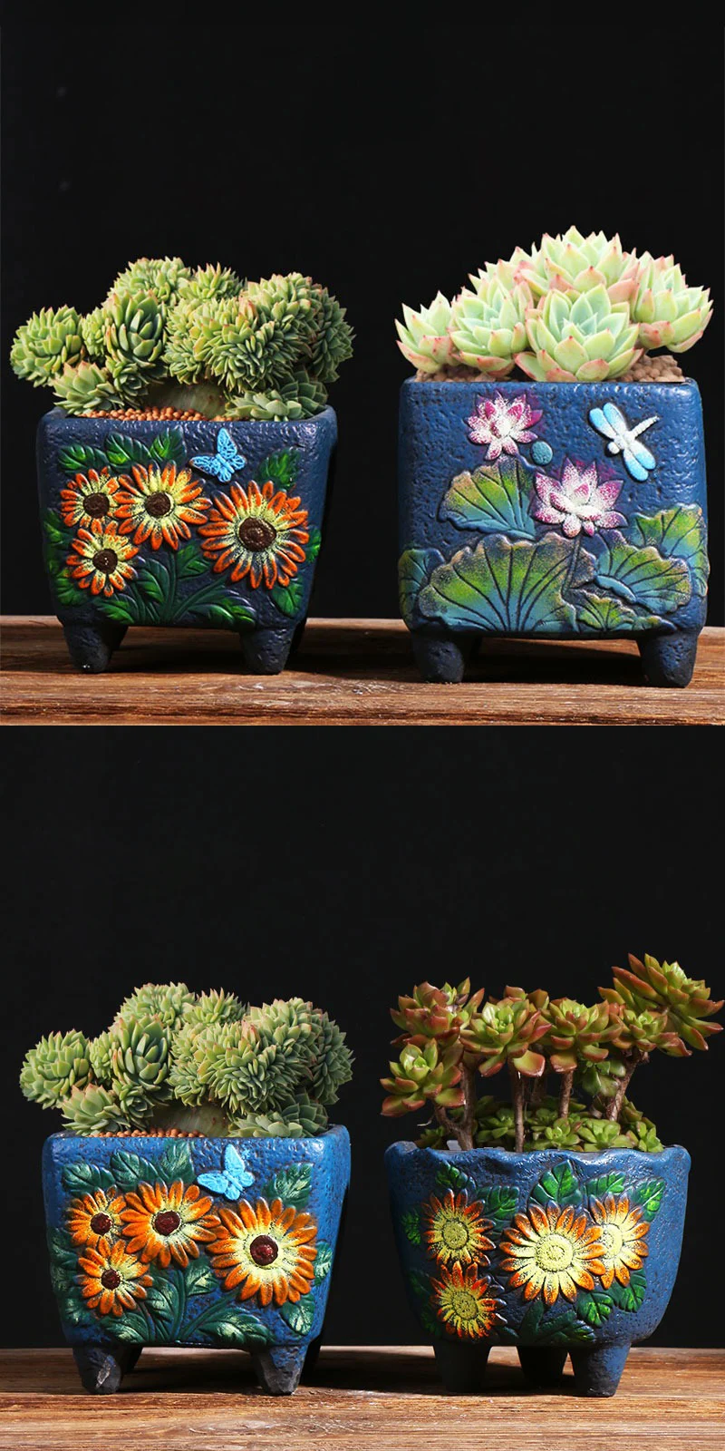 Two panel display of blue ceramic planters with sunflower and lotus relief