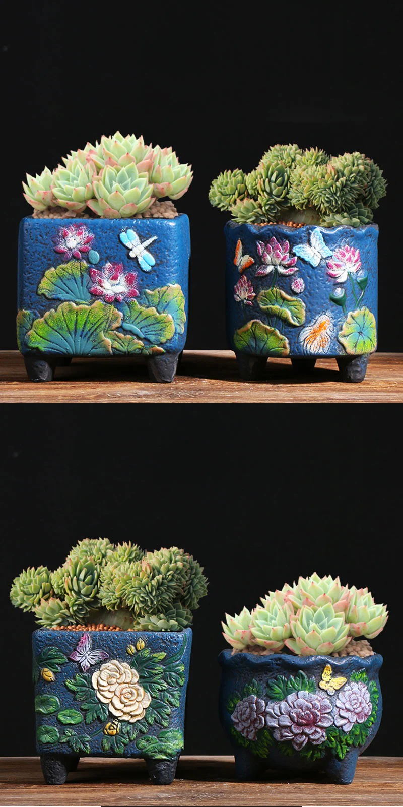 Two panel view of blue ceramic planters with lotus and peony relief