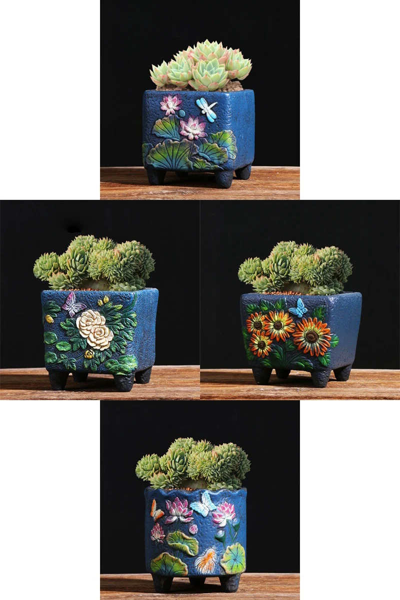 Collage of four blue ceramic succulent planters with floral relief designs