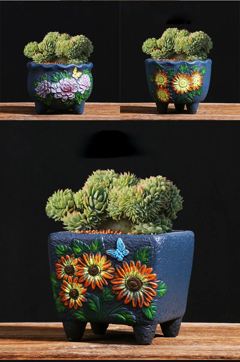 Collage of blue ceramic planters with embossed peony and sunflower patterns