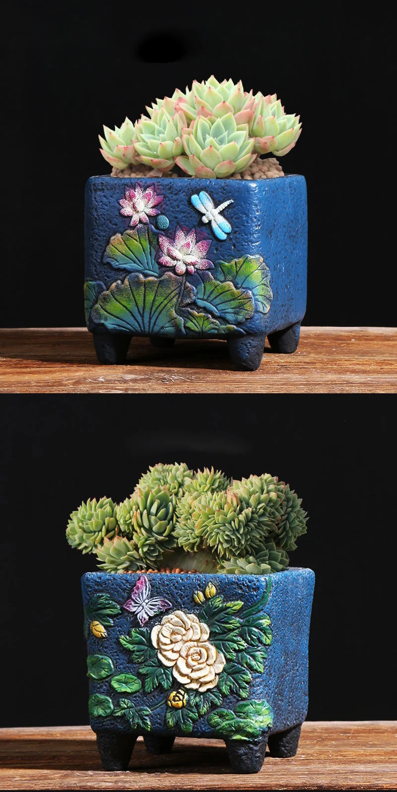 Two panel display of square blue ceramic planters with lotus and rose relief