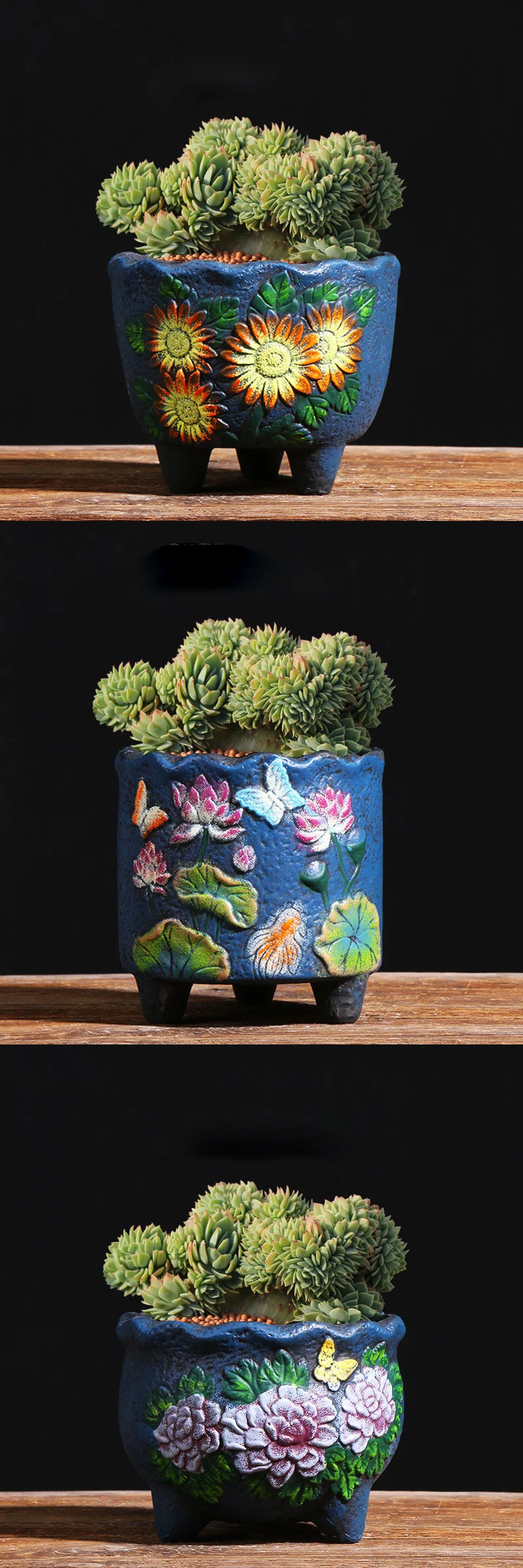 Three panel collage of round blue ceramic planters with floral relief
