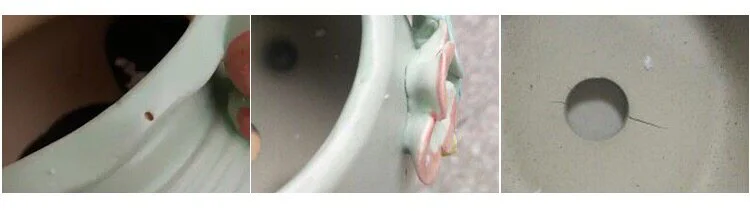 Close up details of a ceramic planter showing a small side hole and bottom drainage hole