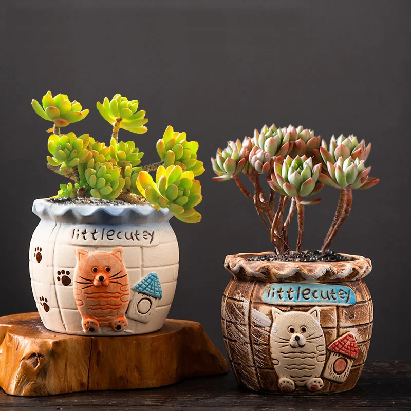 Two cat design ceramic planters with littlecutey text and dimensions displayed