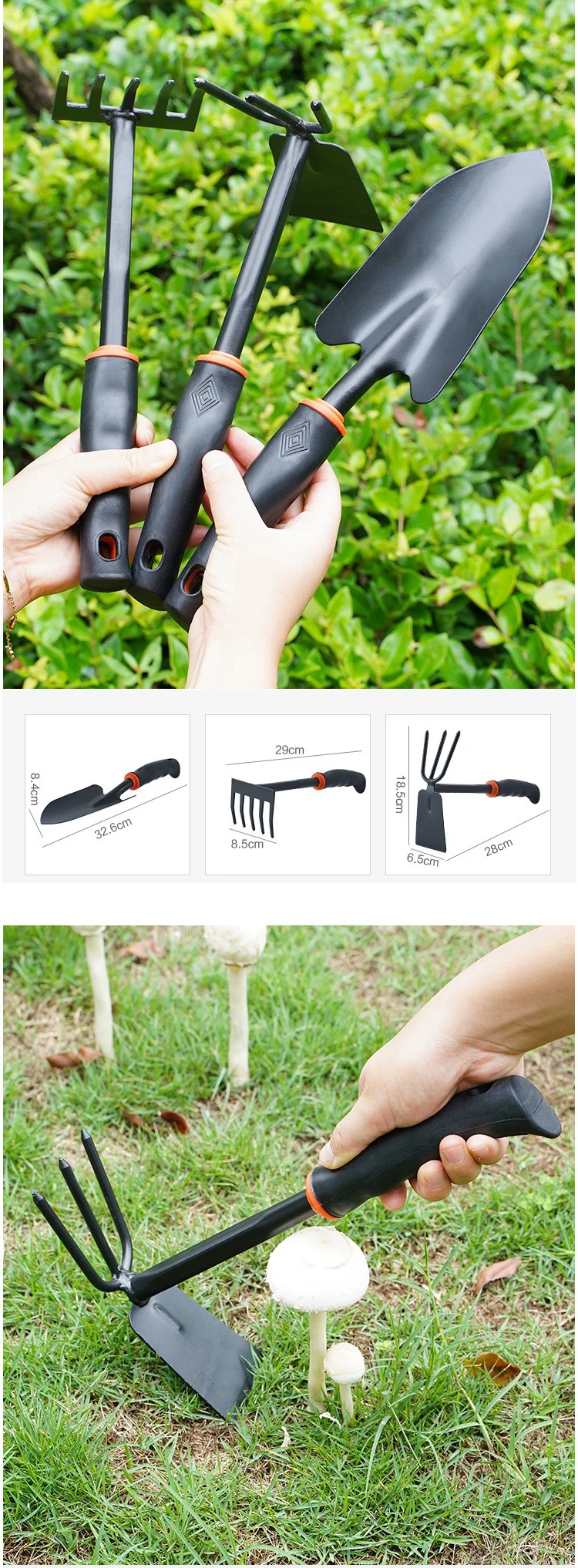 Garden hand tool set features and dimensions overview