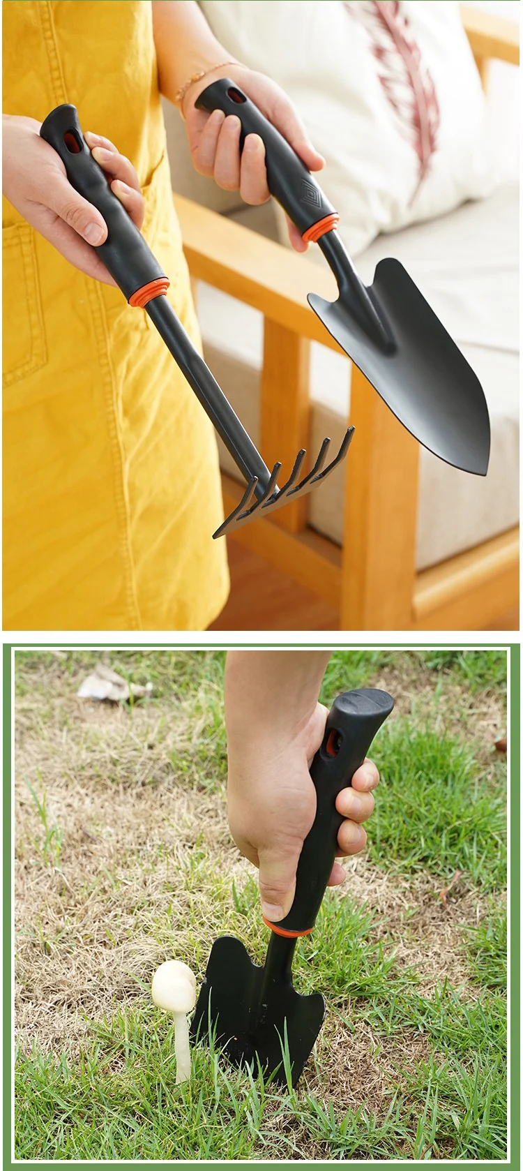 Person in yellow apron holding garden hand tools