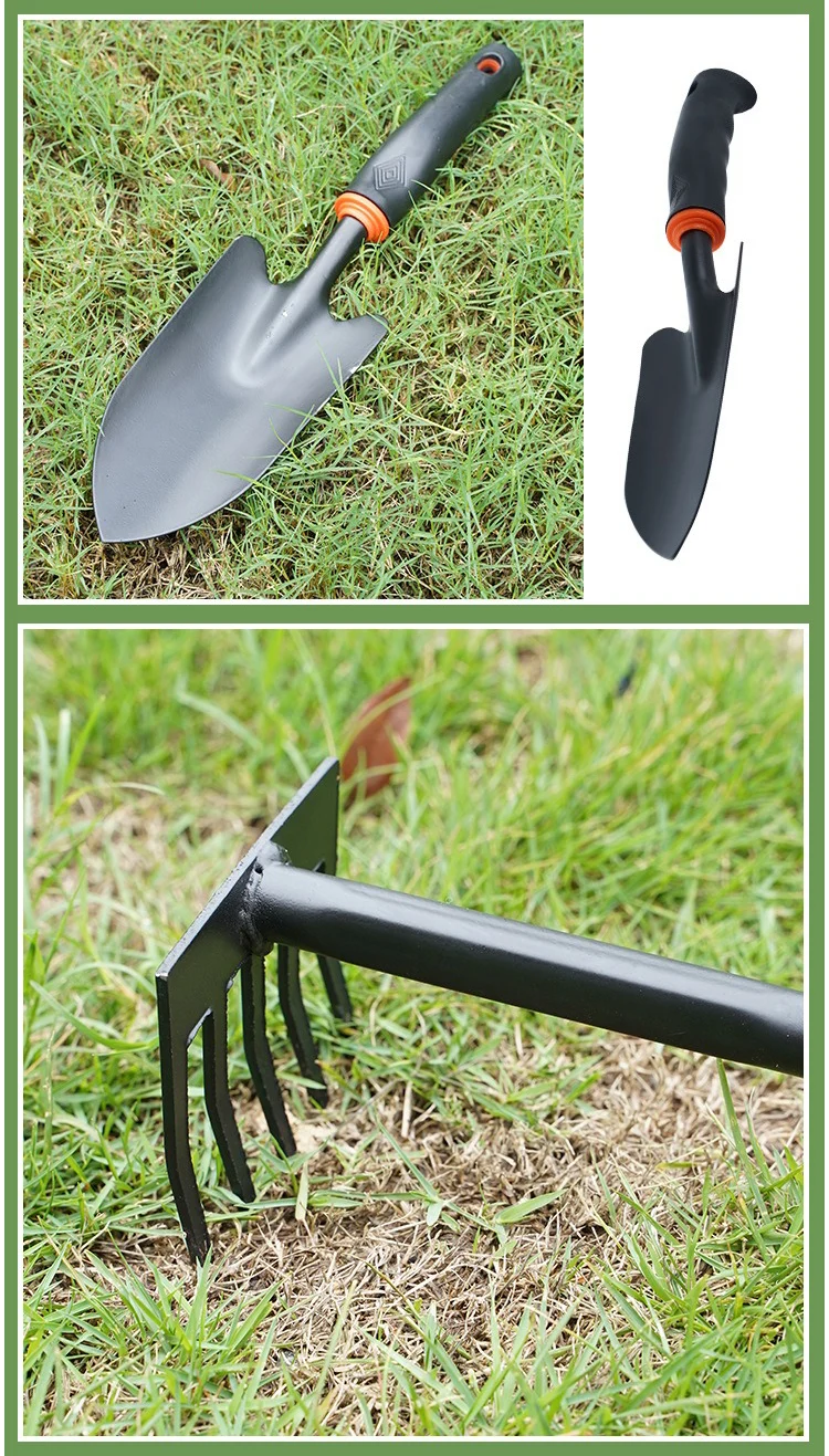 Black metal garden trowel displayed on grass and white background