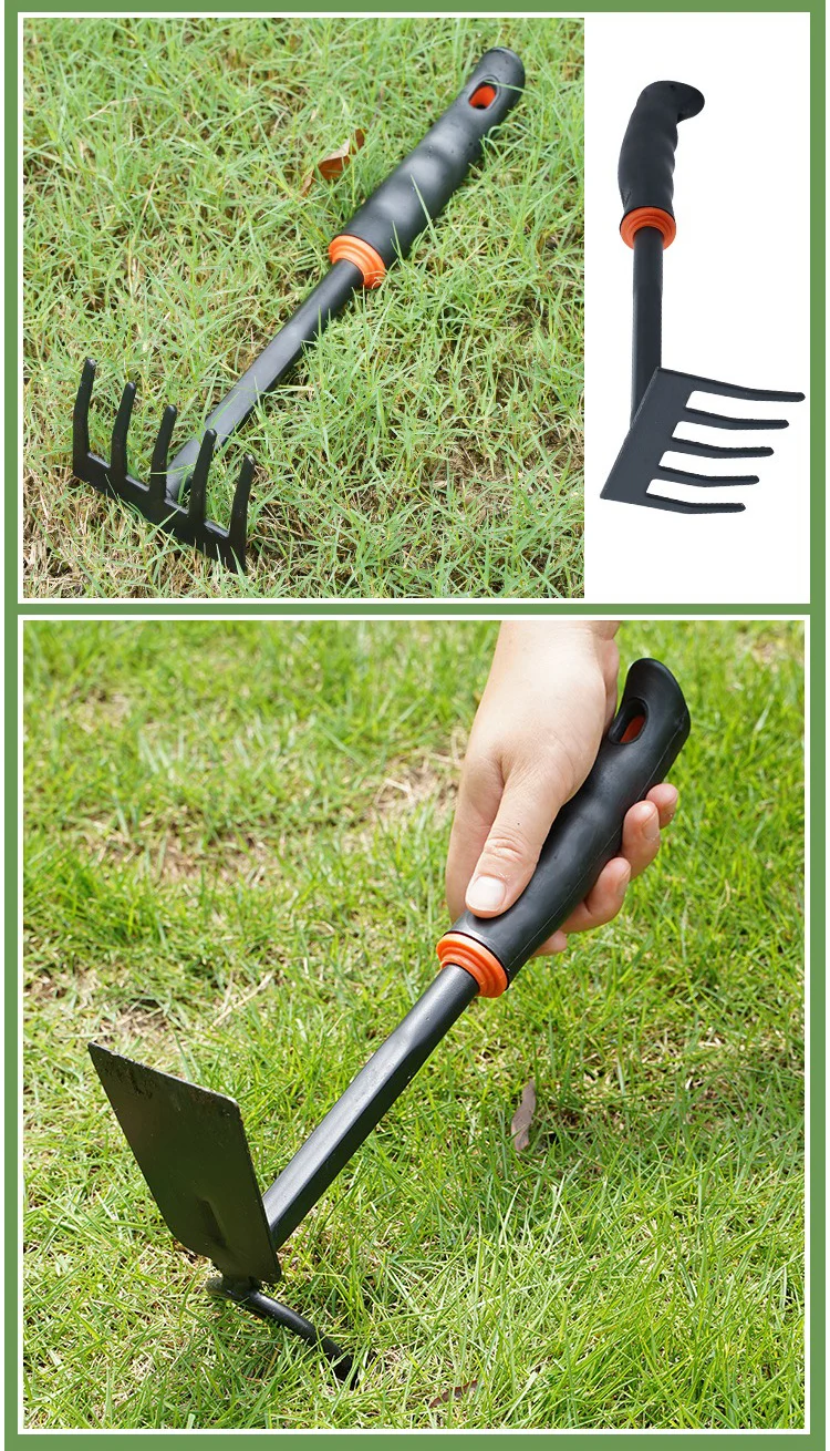 Garden hand rake and dual-purpose hoe in grass