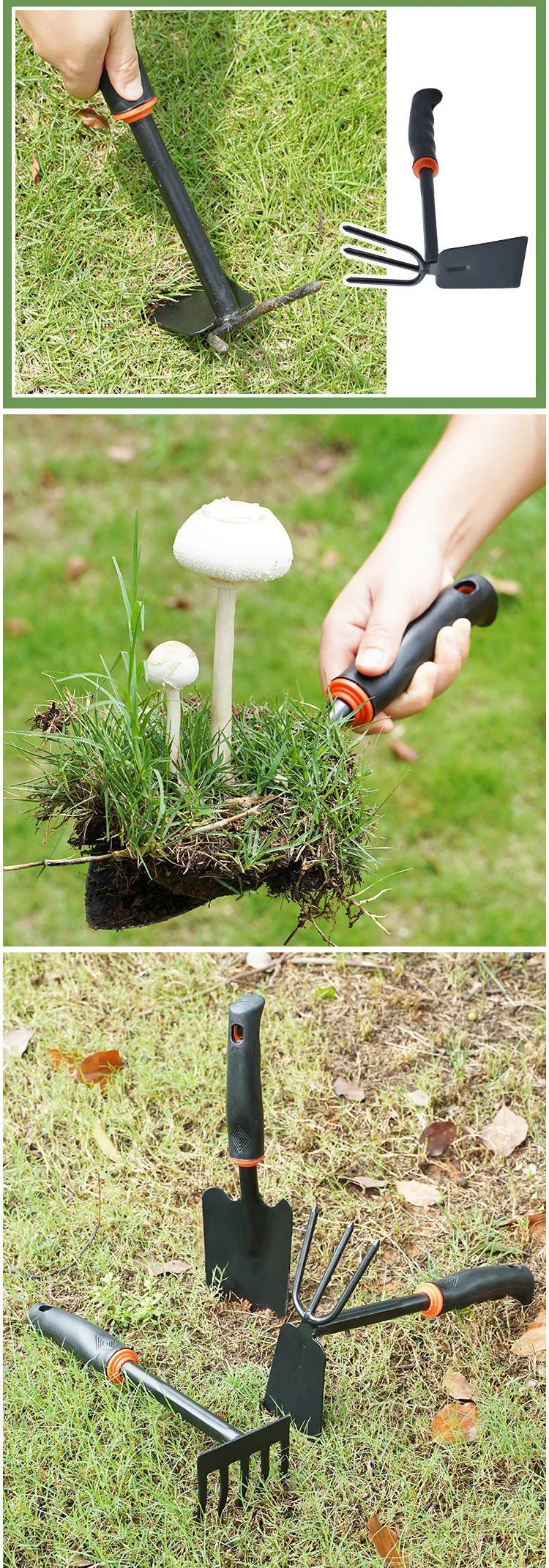 Using garden hand tools for digging and weeding