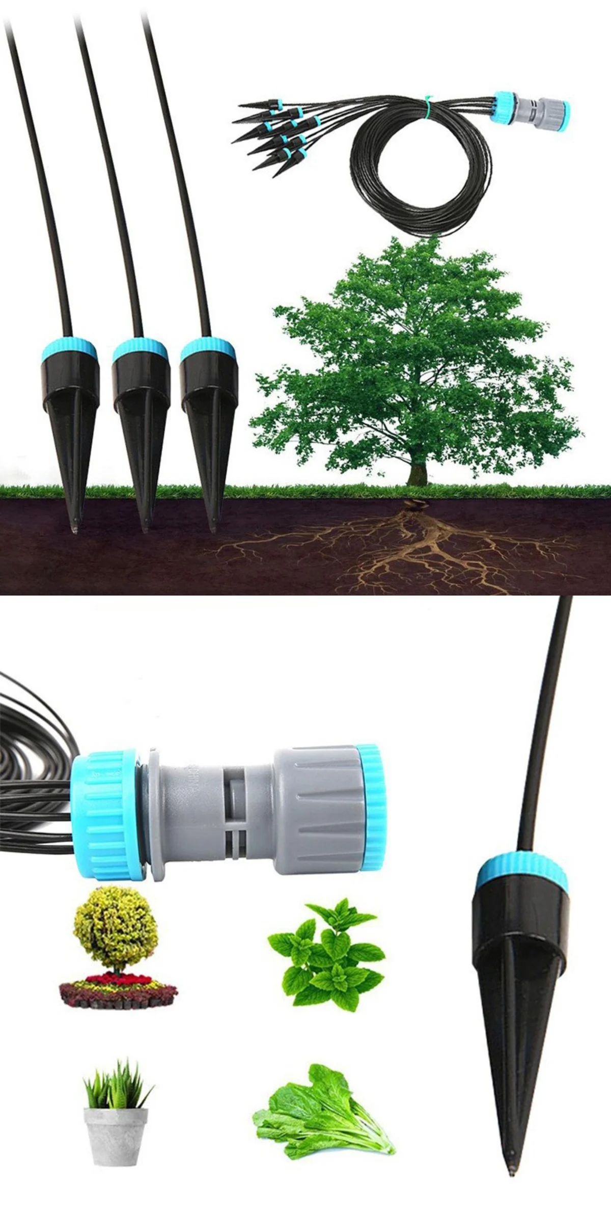 Drip emitters in soil and a close-up of the kit components with plants