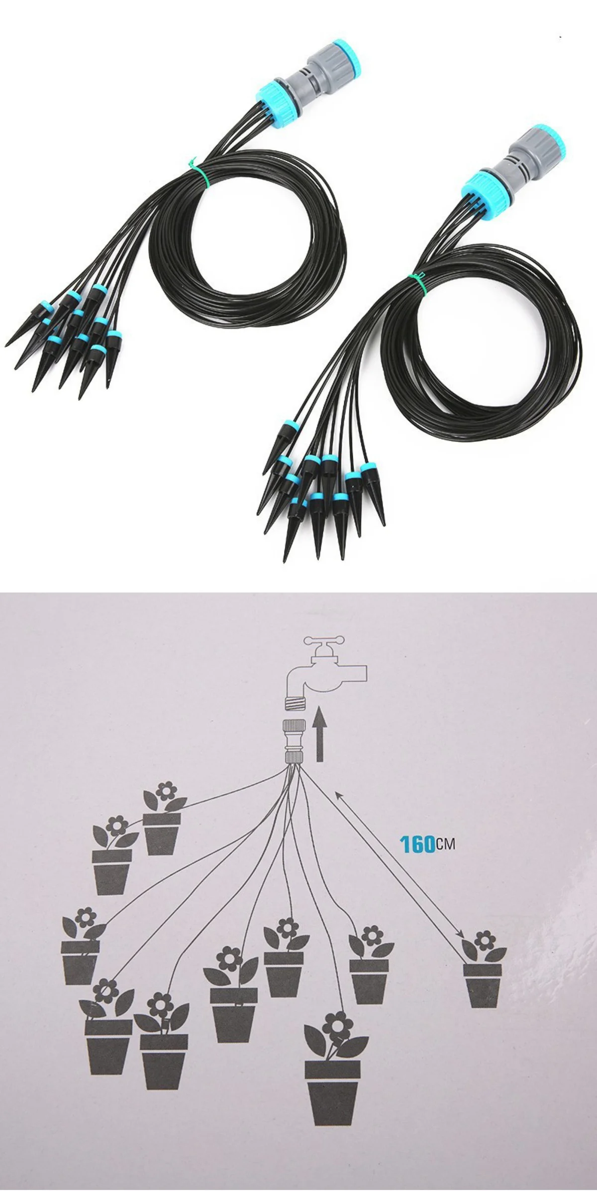 Two drip irrigation kits and a connection diagram for watering pots