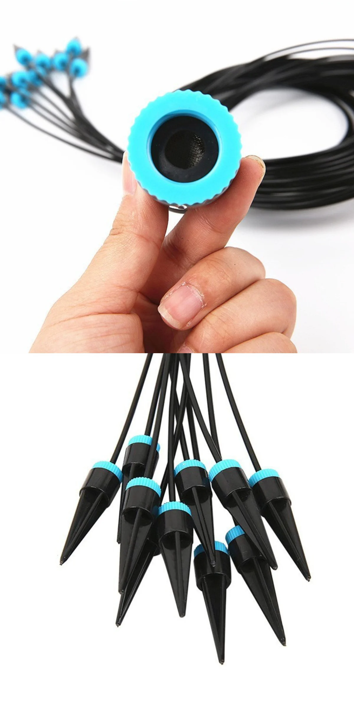 Close-up of the blue connector interior and multiple black drip emitters