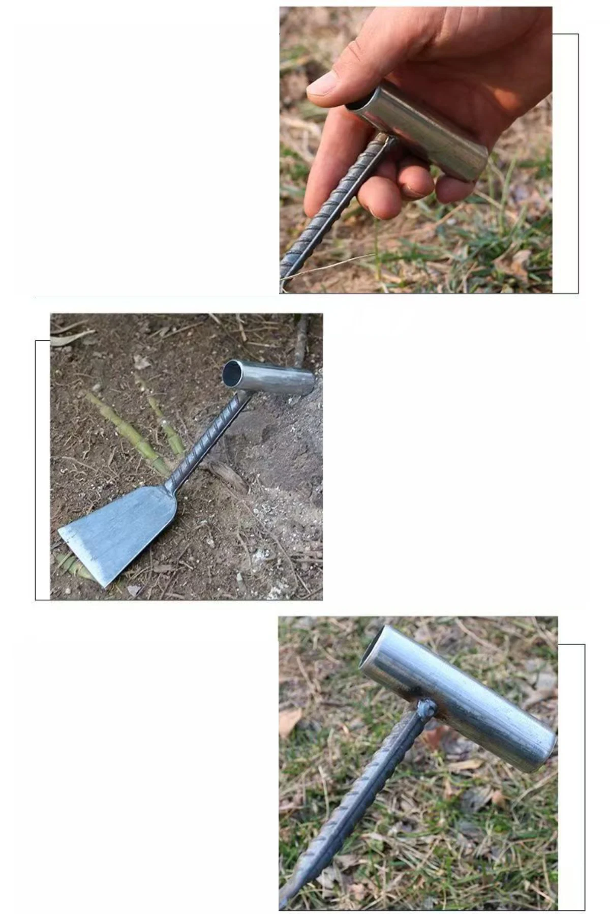 Hand holding a steel rebar weeding hoe outdoors