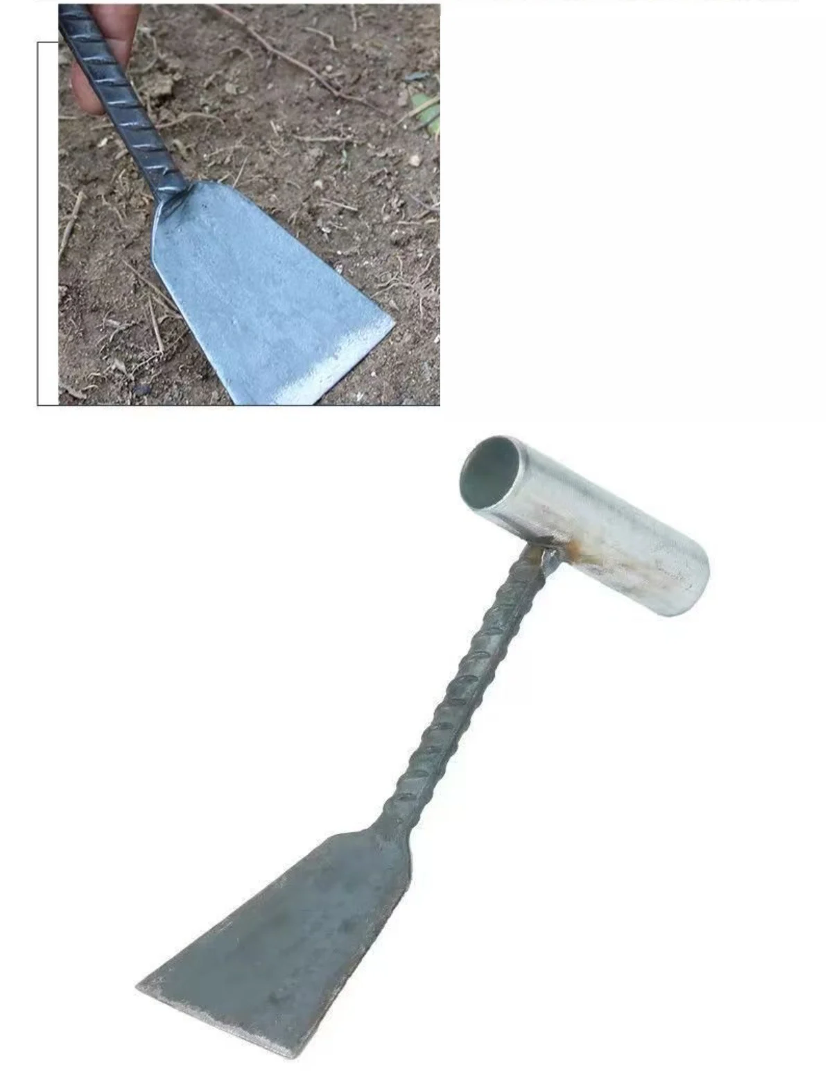Close-up of a hand-forged rebar garden trowel