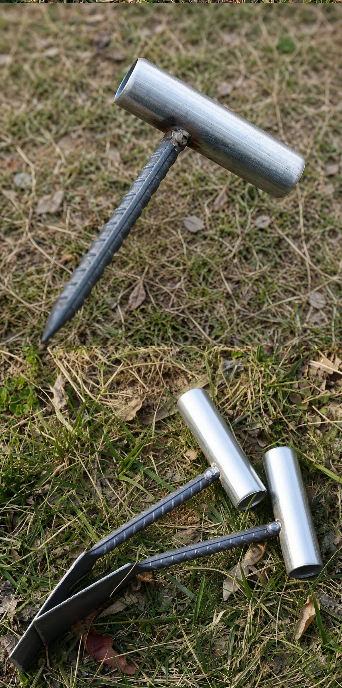 Steel rebar garden hoe placed on the grass