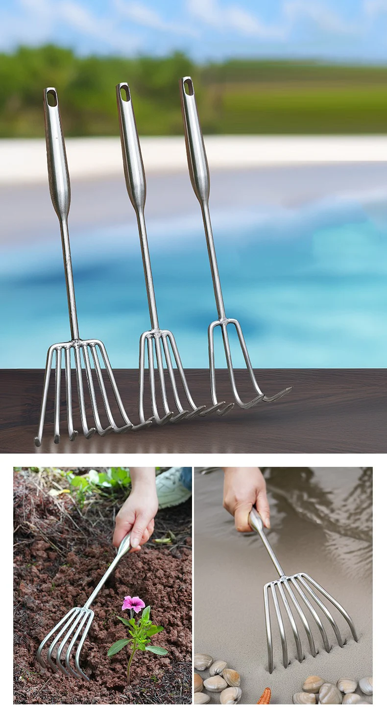 Three stainless steel rakes displayed with gardening and clamming scenes