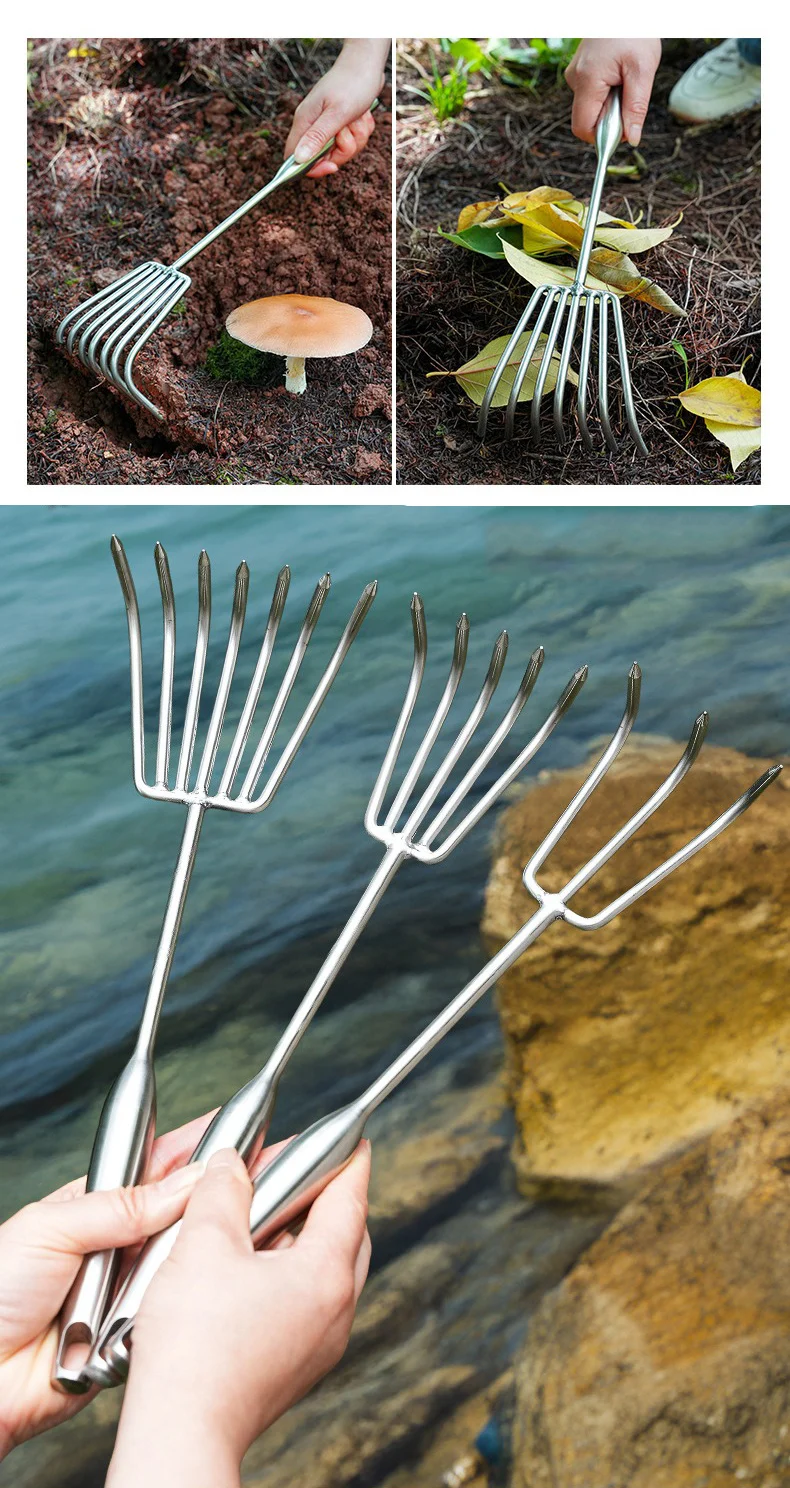 Stainless steel hand rakes used for gardening and held near water