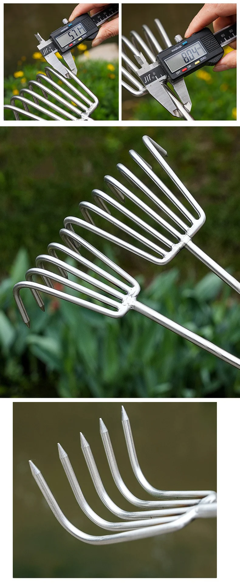 Close up details of stainless steel rake tines and measurements