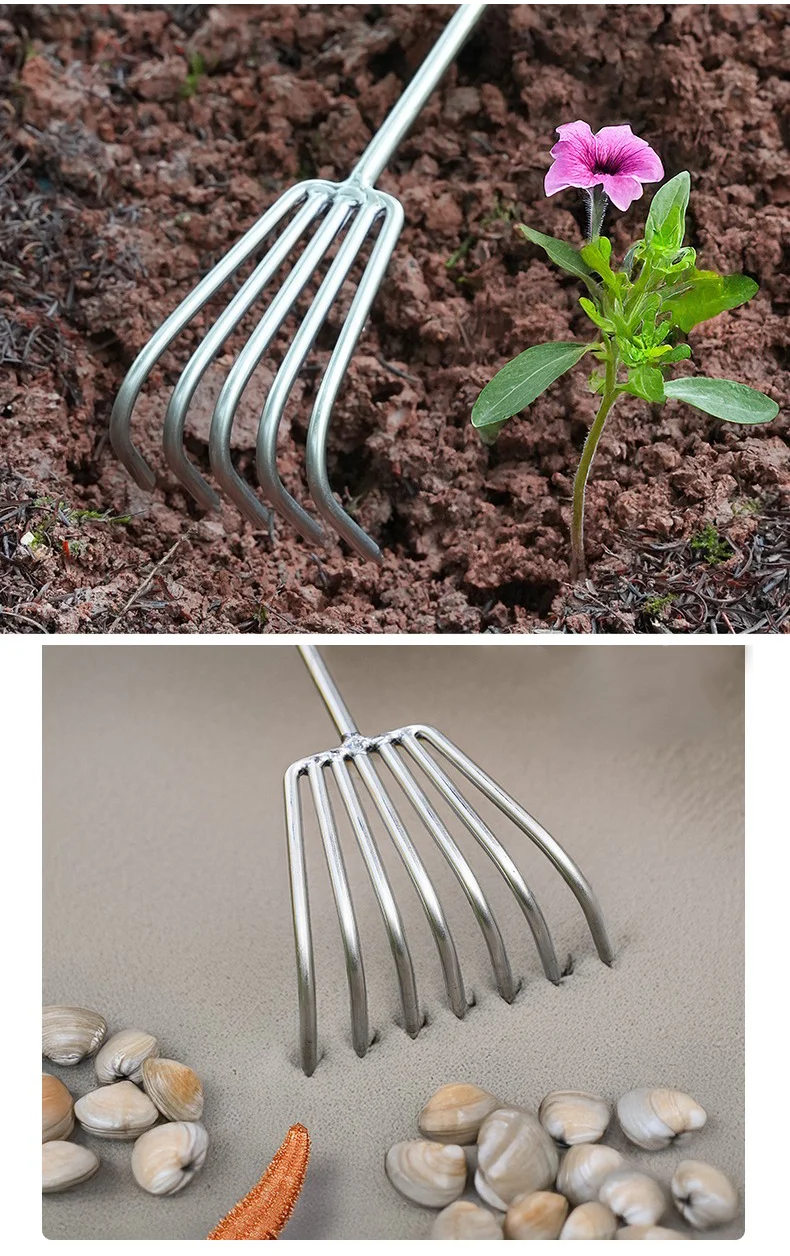 Stainless steel rake used in garden soil and beach sand