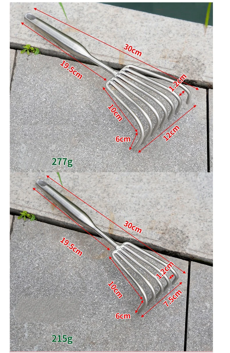 Seven tine stainless steel hand rake displayed on a stone surface