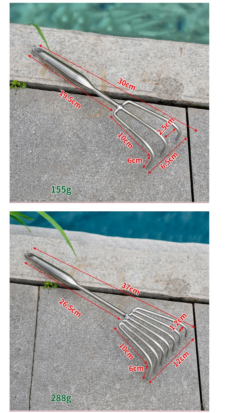 Three tine stainless steel hand rake resting on stone tiles