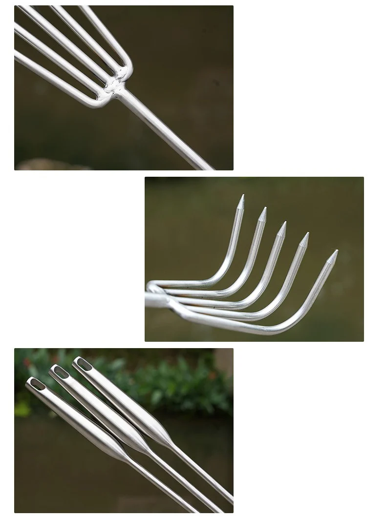 Close up of stainless steel rake welded joints and sharp tines