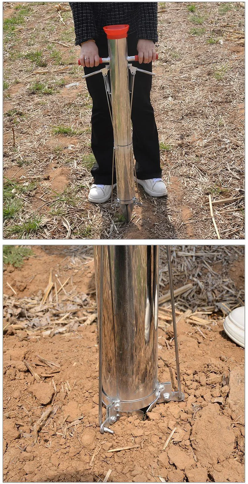 Operating the metal transplanter to open the tip in the soil