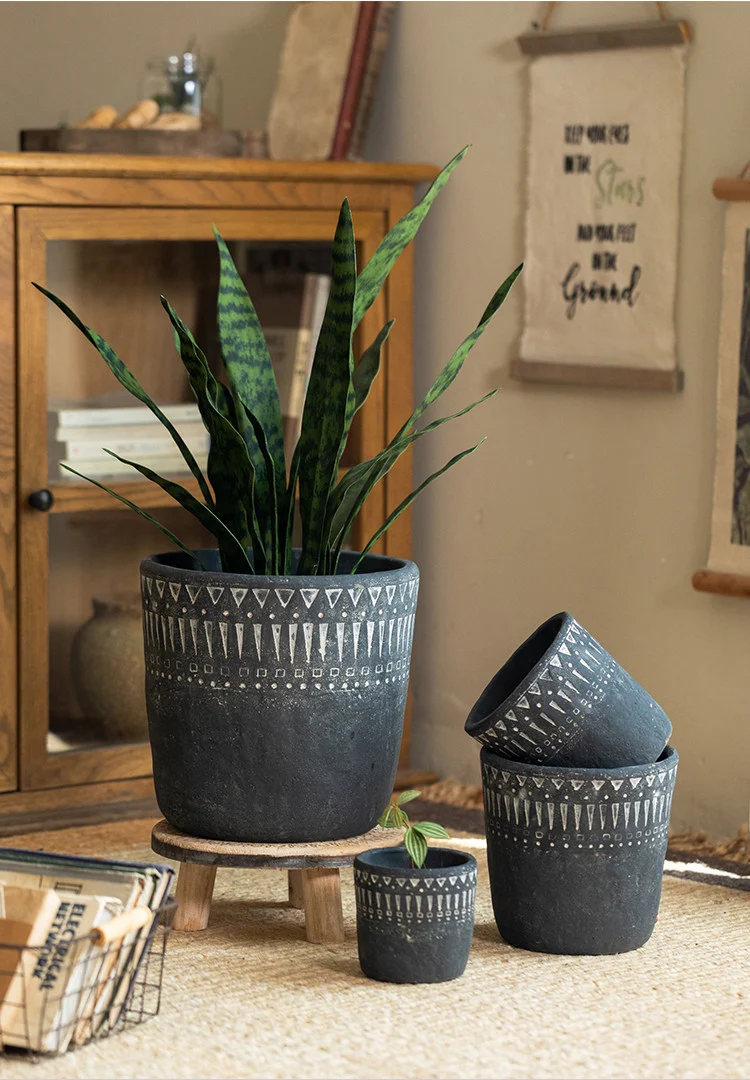 Dark gray concrete planter with a snake plant