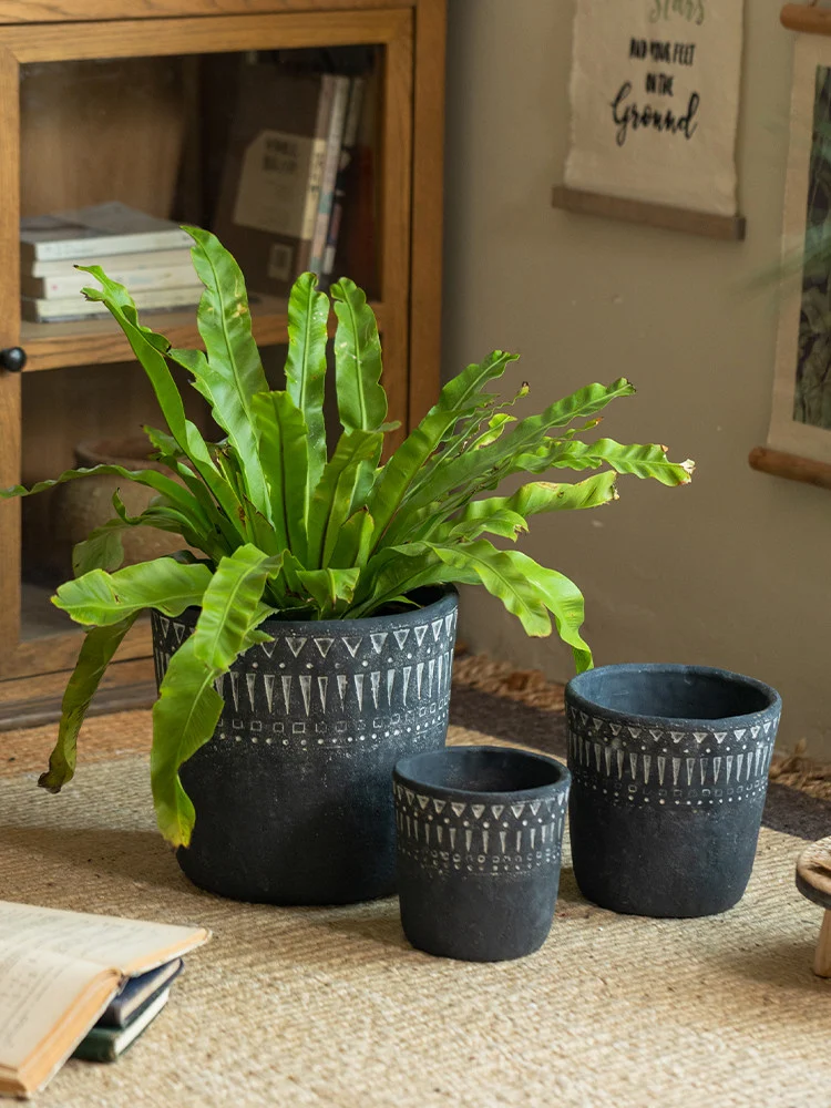 Large dark gray concrete planter with a fern plant indoors