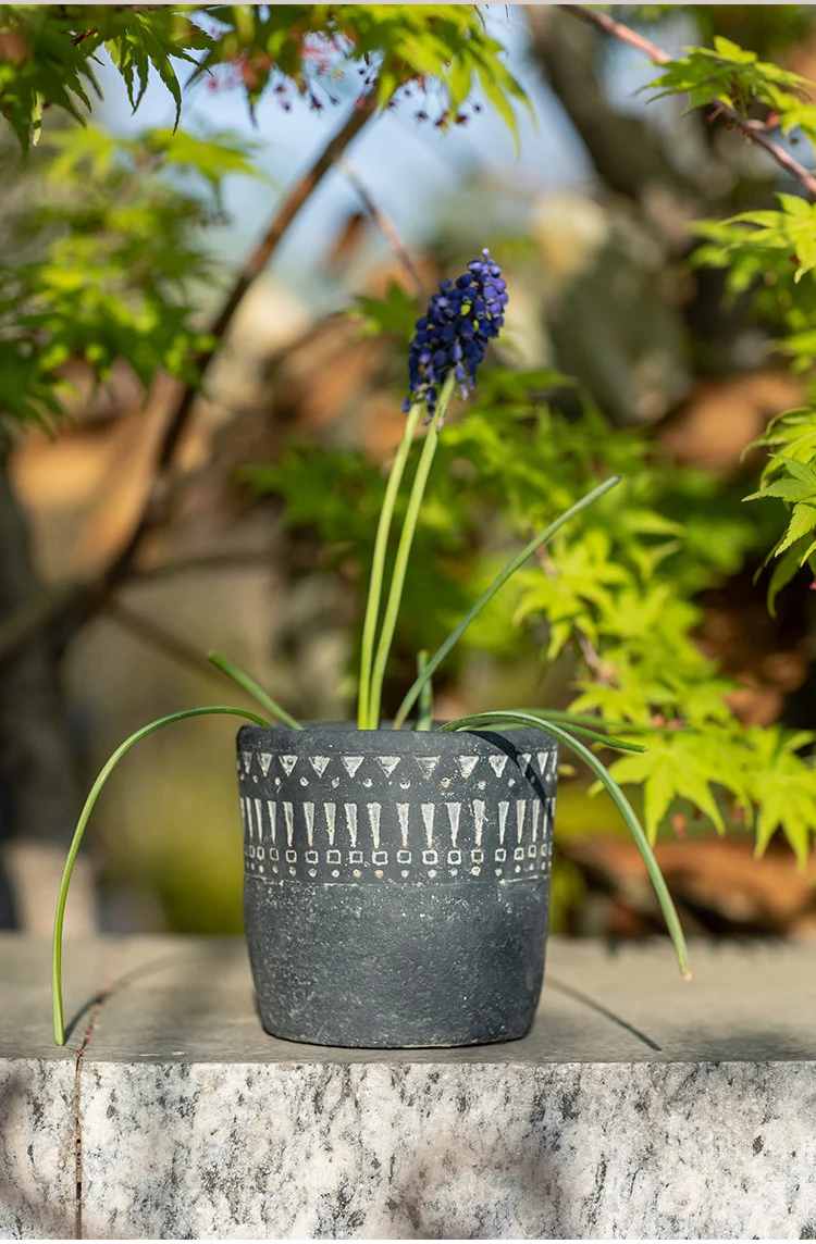 Dark gray concrete planter with a blue flower outdoors