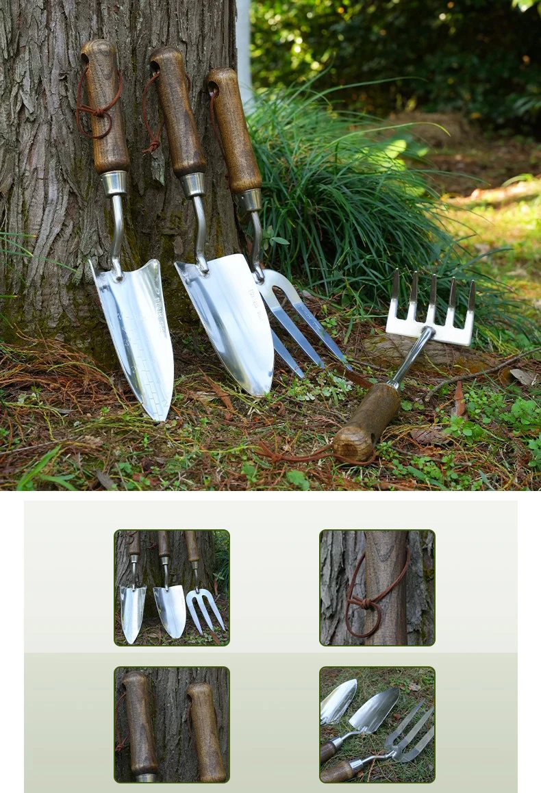 Collage showing stainless steel garden tools and close up of leather hanging loop