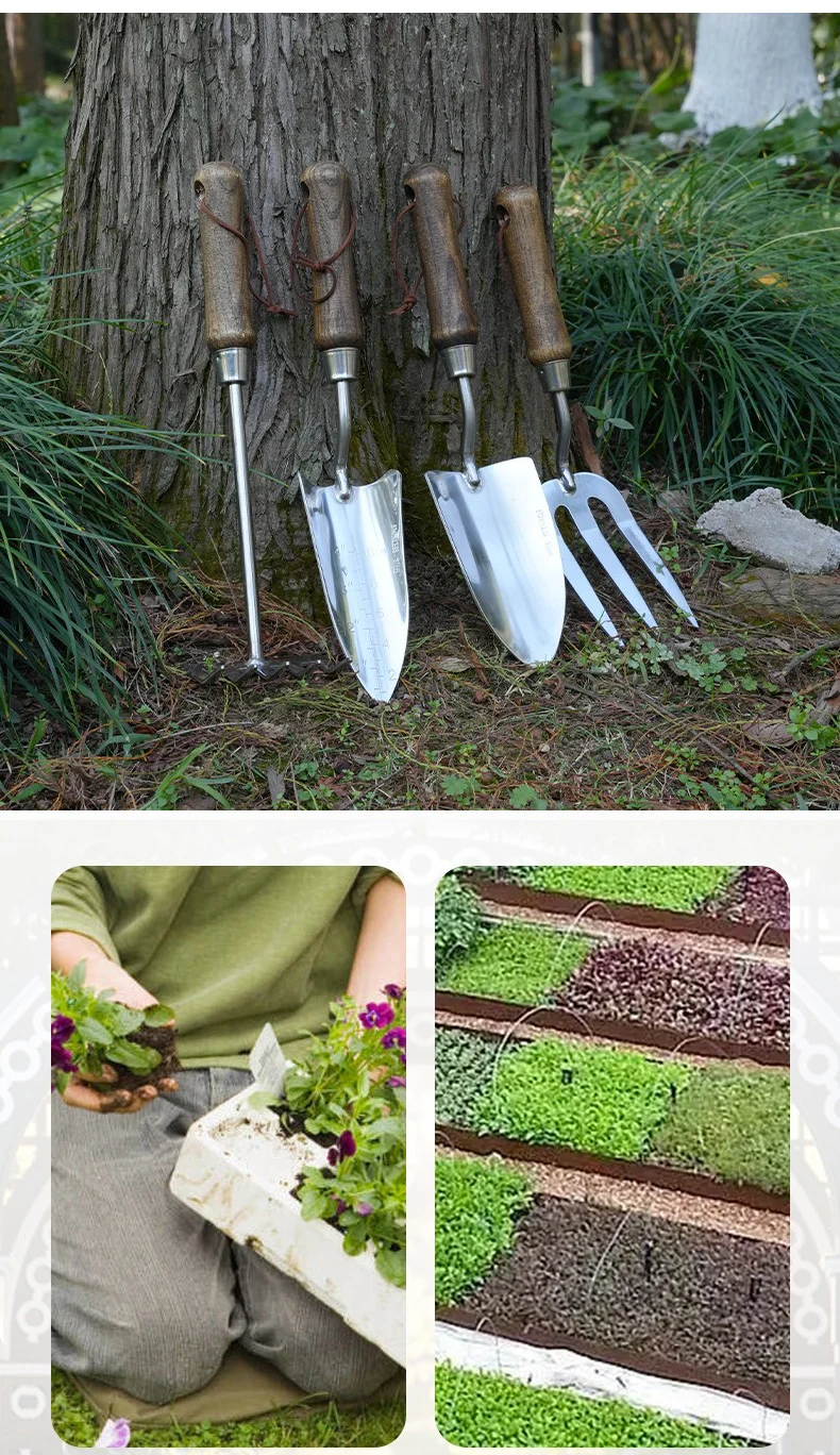 Garden tools against a tree and people planting flowers and seedlings