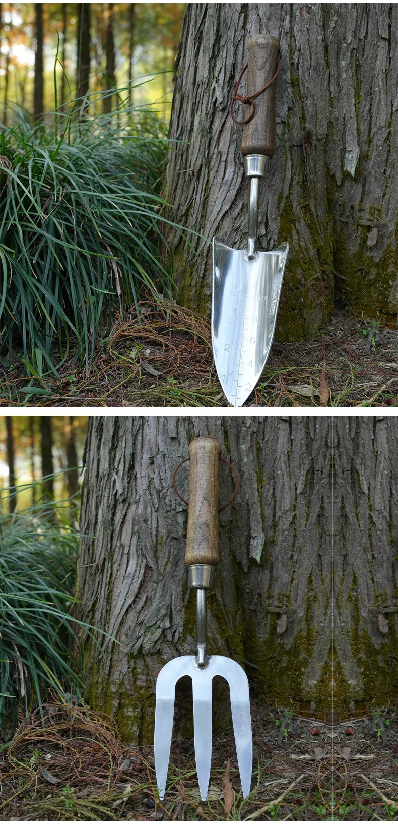 Stainless steel garden trowel with wooden handle leaning against a tree