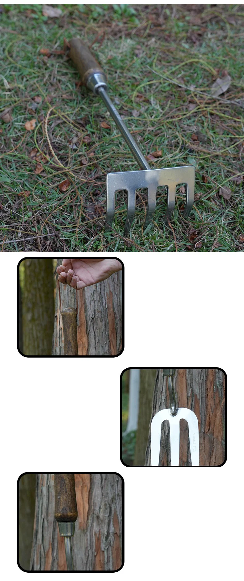 Stainless steel transplanter trowel with depth markings against a tree