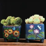 Vintage Embossed Blue Ceramic Succulent Planter